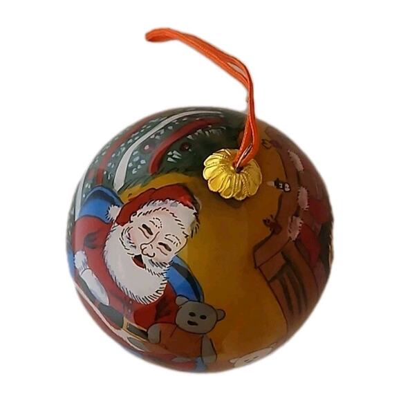 Inside-Painted Glass Santa and Toys Christmas Ornament Hand-Blown 3" Diameter - Picture 1 of 6